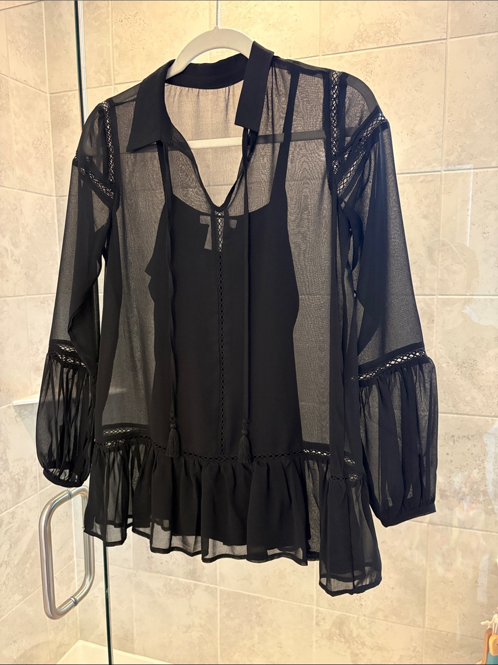 Design History Black Sheer Ruffle-Hem Tie-Neck Blouse